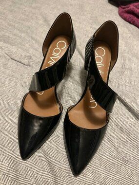 Calvin Klein Black Patent Leather Pointed Toe Stiletto Pumps Ankle Strap